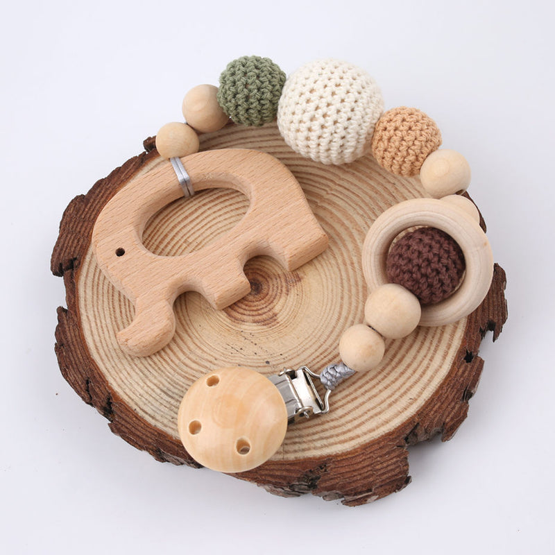 1PC Baby Wooden Teether Pacifier Clip Chain Elephant Pendant Crochet Beads Rodent Soother Clip Baby Shower Gift For Kids Toys